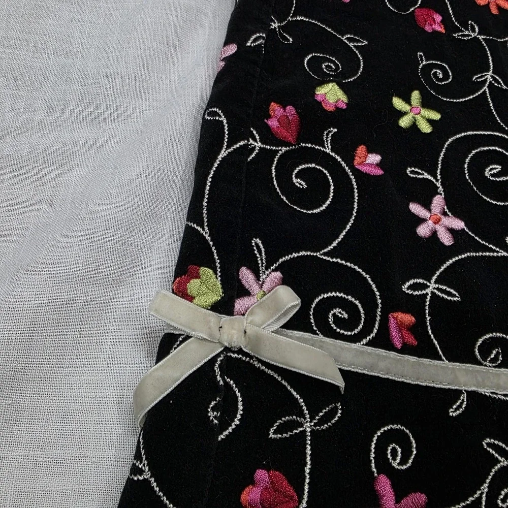 Y2k Children's Place Skirt Girls‎ 6 Vintage Black Velvet Floral Embroidered Bow